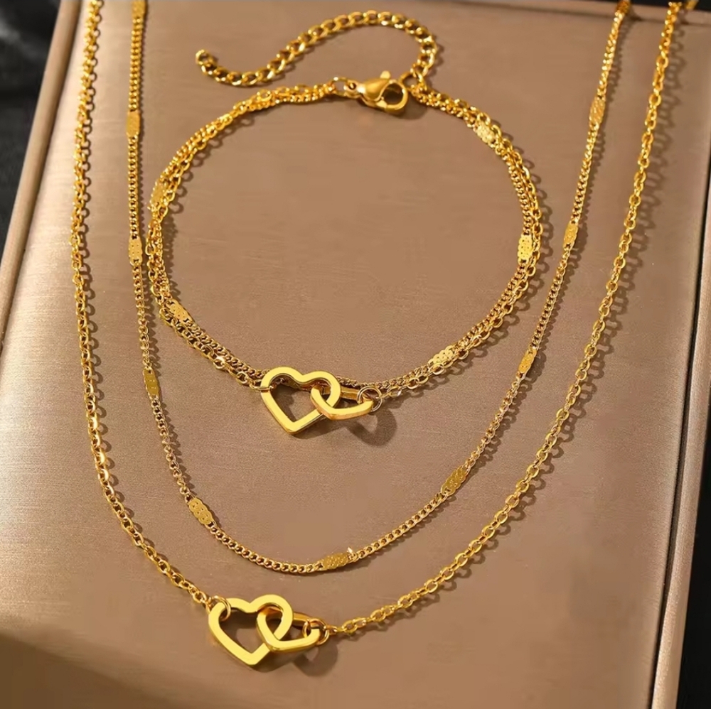 New Stainless Steel‎ Minmalist Double Chain Gold Heart Necklace and Bracelet Set